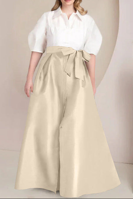 A-Line/Princess Shirt Collar Short Sleeves Floor-Length Plus Size Mother Of The Bride Dresses with Bowknot