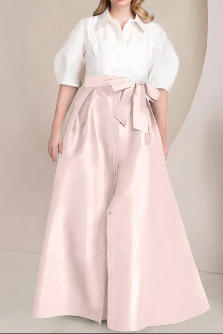 A-Line/Princess Shirt Collar Short Sleeves Floor-Length Plus Size Mother Of The Bride Dresses with Bowknot