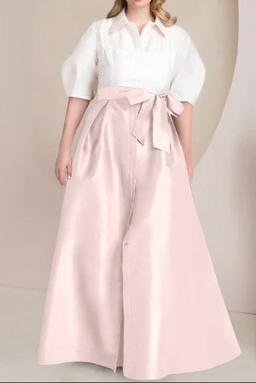 A-Line/Princess Shirt Collar Short Sleeves Floor-Length Plus Size Mother Of The Bride Dresses with Bowknot