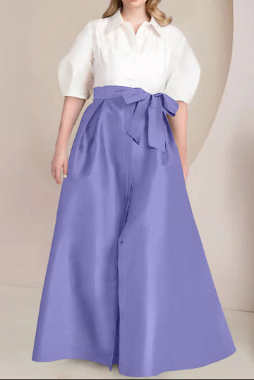 A-Line/Princess Shirt Collar Short Sleeves Floor-Length Plus Size Mother Of The Bride Dresses with Bowknot