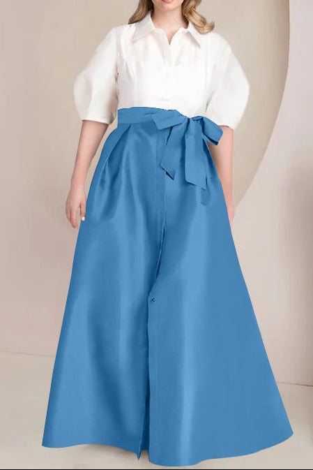 A-Line/Princess Shirt Collar Short Sleeves Floor-Length Plus Size Mother Of The Bride Dresses with Bowknot