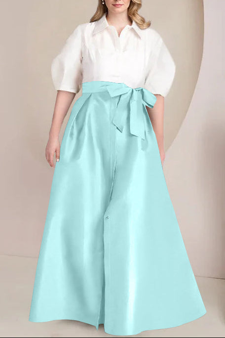 A-Line/Princess Shirt Collar Short Sleeves Floor-Length Plus Size Mother Of The Bride Dresses with Bowknot