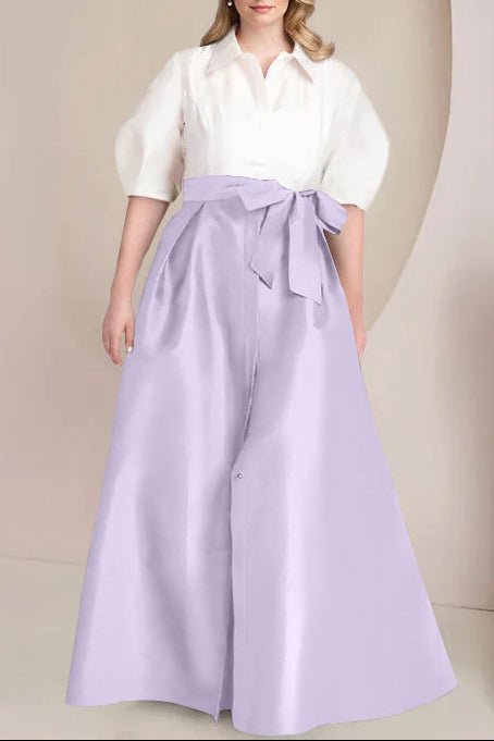 A-Line/Princess Shirt Collar Short Sleeves Floor-Length Plus Size Mother Of The Bride Dresses with Bowknot