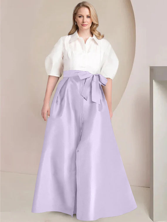 A-Line/Princess Shirt Collar Short Sleeves Floor-Length Plus Size Mother Of The Bride Dresses with Bowknot