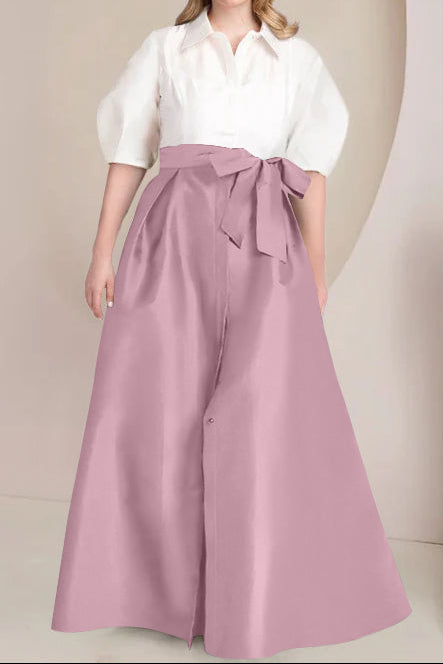 A-Line/Princess Shirt Collar Short Sleeves Floor-Length Plus Size Mother Of The Bride Dresses with Bowknot