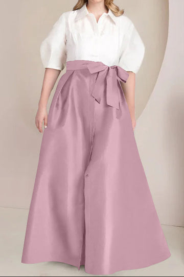 A-Line/Princess Shirt Collar Short Sleeves Floor-Length Plus Size Mother Of The Bride Dresses with Bowknot