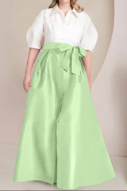 A-Line/Princess Shirt Collar Short Sleeves Floor-Length Plus Size Mother Of The Bride Dresses with Bowknot