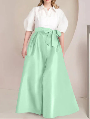 A-Line/Princess Shirt Collar Short Sleeves Floor-Length Plus Size Mother Of The Bride Dresses with Bowknot
