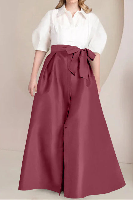 A-Line/Princess Shirt Collar Short Sleeves Floor-Length Plus Size Mother Of The Bride Dresses with Bowknot