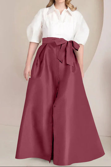 A-Line/Princess Shirt Collar Short Sleeves Floor-Length Plus Size Mother Of The Bride Dresses with Bowknot