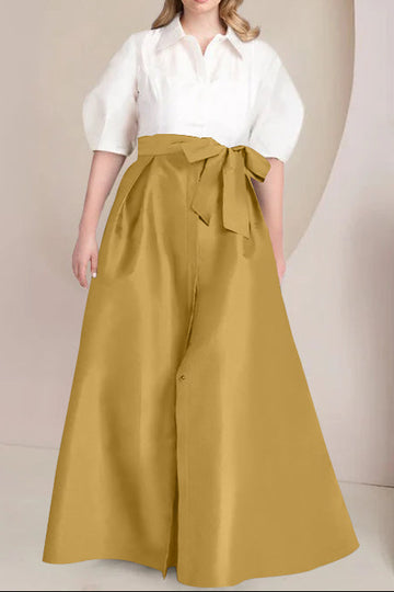 A-Line/Princess Shirt Collar Short Sleeves Floor-Length Plus Size Mother Of The Bride Dresses with Bowknot