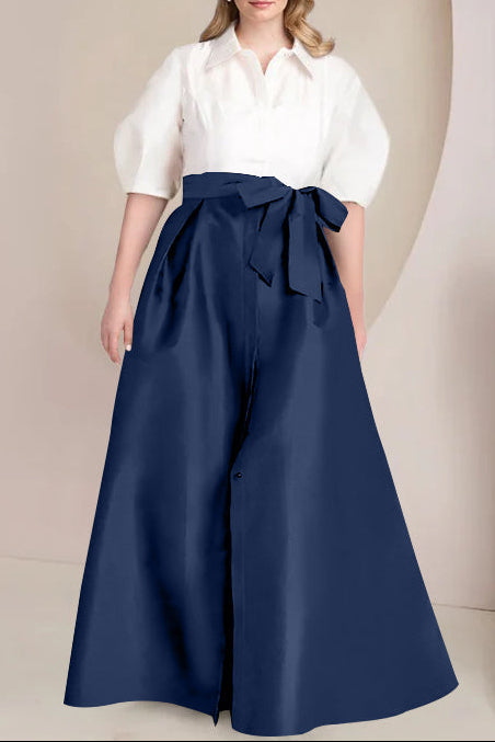A-Line/Princess Shirt Collar Short Sleeves Floor-Length Plus Size Mother Of The Bride Dresses with Bowknot