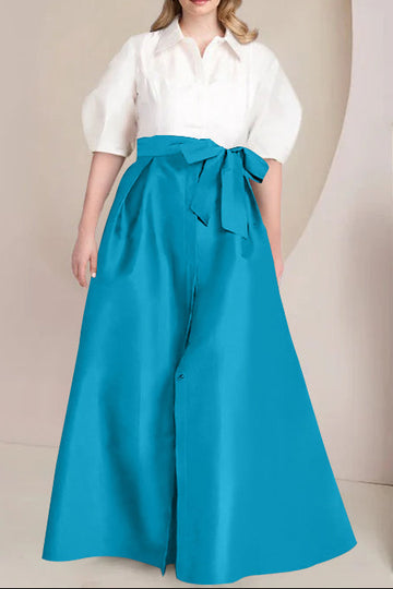 A-Line/Princess Shirt Collar Short Sleeves Floor-Length Plus Size Mother Of The Bride Dresses with Bowknot
