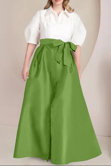 A-Line/Princess Shirt Collar Short Sleeves Floor-Length Plus Size Mother Of The Bride Dresses with Bowknot