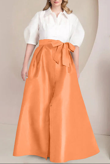 A-Line/Princess Shirt Collar Short Sleeves Floor-Length Plus Size Mother Of The Bride Dresses with Bowknot
