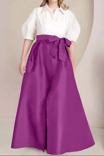 A-Line/Princess Shirt Collar Short Sleeves Floor-Length Plus Size Mother Of The Bride Dresses with Bowknot