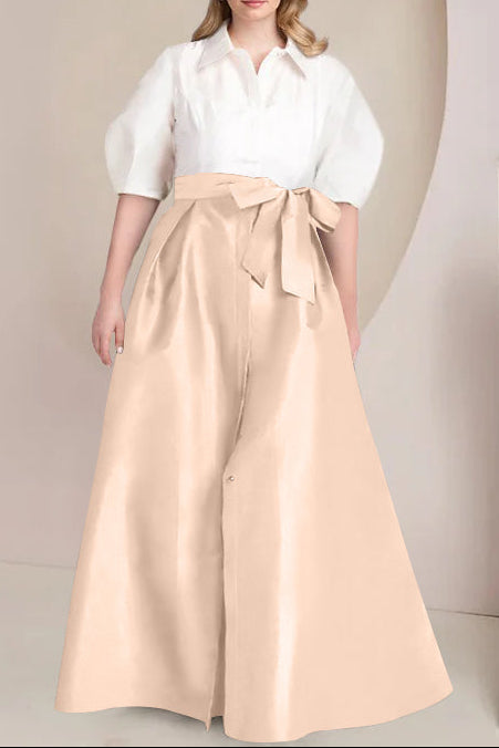 A-Line/Princess Shirt Collar Short Sleeves Floor-Length Plus Size Mother Of The Bride Dresses with Bowknot