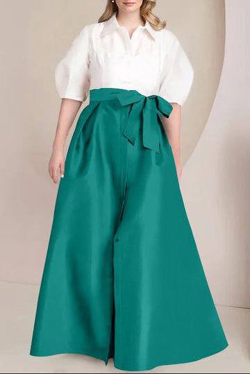 A-Line/Princess Shirt Collar Short Sleeves Floor-Length Plus Size Mother Of The Bride Dresses with Bowknot