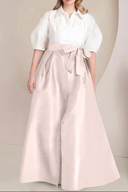 A-Line/Princess Shirt Collar Short Sleeves Floor-Length Plus Size Mother Of The Bride Dresses with Bowknot