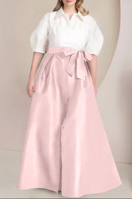 A-Line/Princess Shirt Collar Short Sleeves Floor-Length Plus Size Mother Of The Bride Dresses with Bowknot