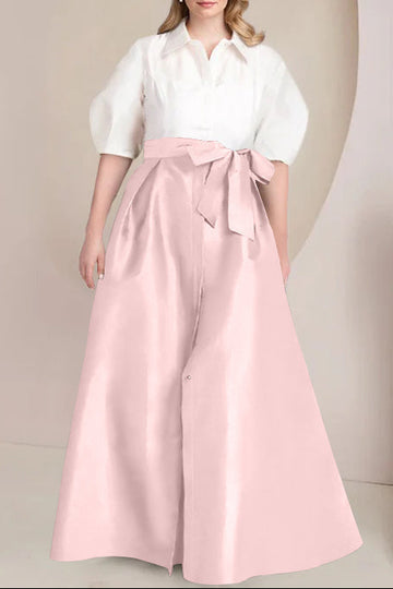 A-Line/Princess Shirt Collar Short Sleeves Floor-Length Plus Size Mother Of The Bride Dresses with Bowknot