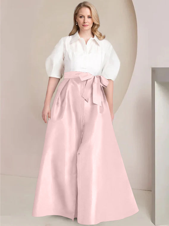 A-Line/Princess Shirt Collar Short Sleeves Floor-Length Plus Size Mother Of The Bride Dresses with Bowknot