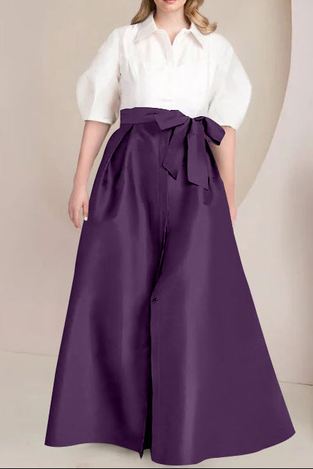 A-Line/Princess Shirt Collar Short Sleeves Floor-Length Plus Size Mother Of The Bride Dresses with Bowknot