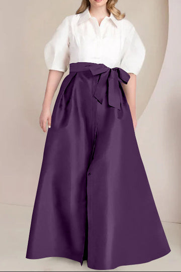 A-Line/Princess Shirt Collar Short Sleeves Floor-Length Plus Size Mother Of The Bride Dresses with Bowknot