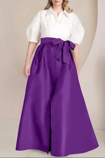 A-Line/Princess Shirt Collar Short Sleeves Floor-Length Plus Size Mother Of The Bride Dresses with Bowknot