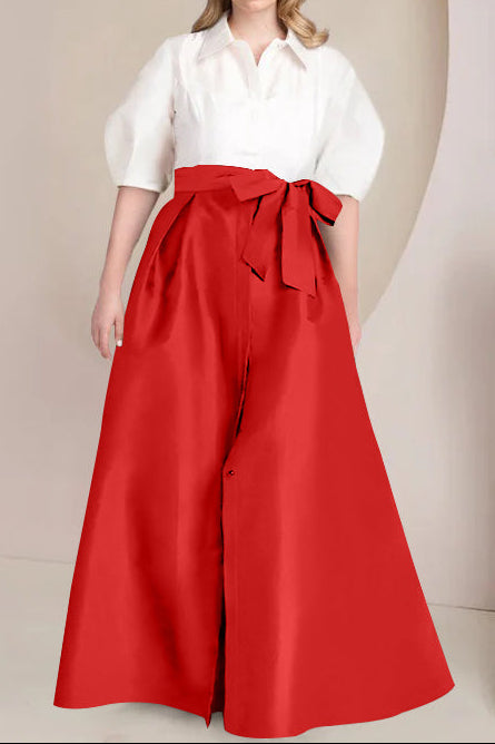 A-Line/Princess Shirt Collar Short Sleeves Floor-Length Plus Size Mother Of The Bride Dresses with Bowknot