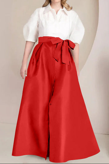 A-Line/Princess Shirt Collar Short Sleeves Floor-Length Plus Size Mother Of The Bride Dresses with Bowknot