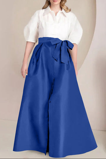 A-Line/Princess Shirt Collar Short Sleeves Floor-Length Plus Size Mother Of The Bride Dresses with Bowknot