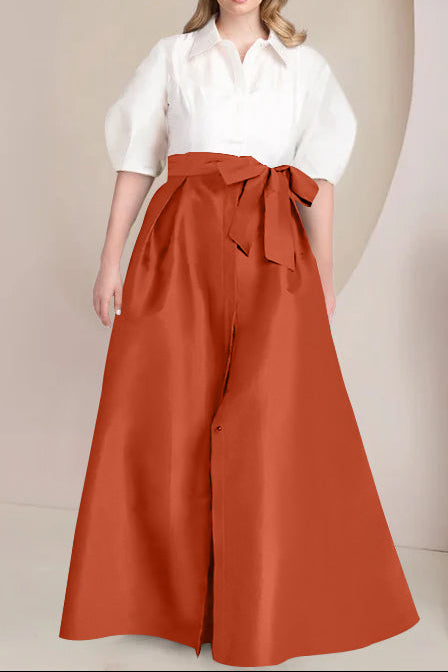 A-Line/Princess Shirt Collar Short Sleeves Floor-Length Plus Size Mother Of The Bride Dresses with Bowknot