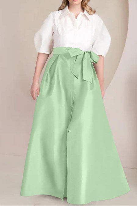 A-Line/Princess Shirt Collar Short Sleeves Floor-Length Plus Size Mother Of The Bride Dresses with Bowknot