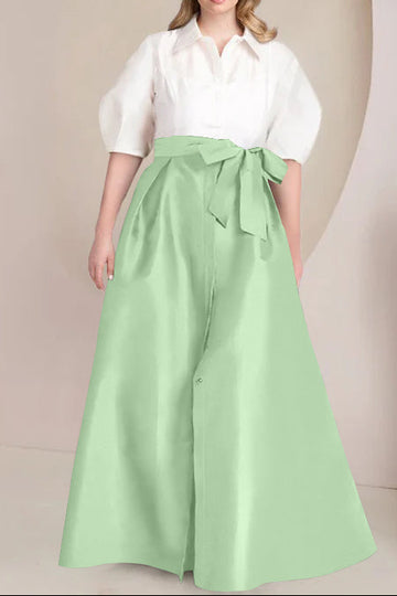 A-Line/Princess Shirt Collar Short Sleeves Floor-Length Plus Size Mother Of The Bride Dresses with Bowknot