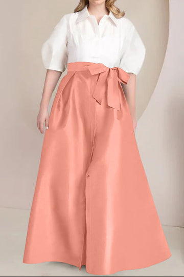 A-Line/Princess Shirt Collar Short Sleeves Floor-Length Plus Size Mother Of The Bride Dresses with Bowknot