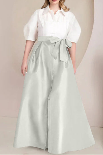 A-Line/Princess Shirt Collar Short Sleeves Floor-Length Plus Size Mother Of The Bride Dresses with Bowknot