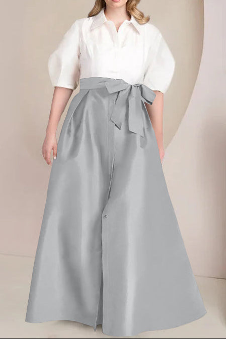 A-Line/Princess Shirt Collar Short Sleeves Floor-Length Plus Size Mother Of The Bride Dresses with Bowknot