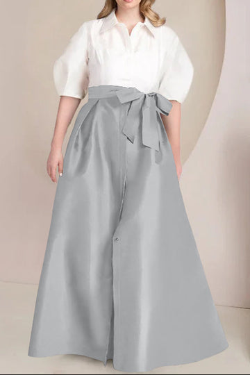 A-Line/Princess Shirt Collar Short Sleeves Floor-Length Plus Size Mother Of The Bride Dresses with Bowknot