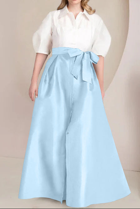 A-Line/Princess Shirt Collar Short Sleeves Floor-Length Plus Size Mother Of The Bride Dresses with Bowknot