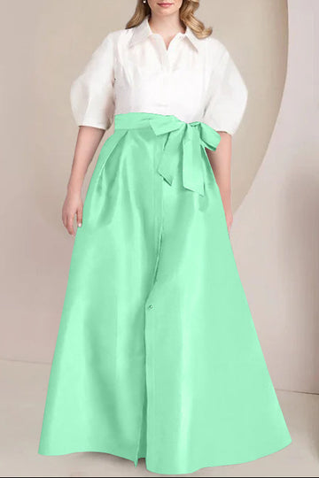 A-Line/Princess Shirt Collar Short Sleeves Floor-Length Plus Size Mother Of The Bride Dresses with Bowknot