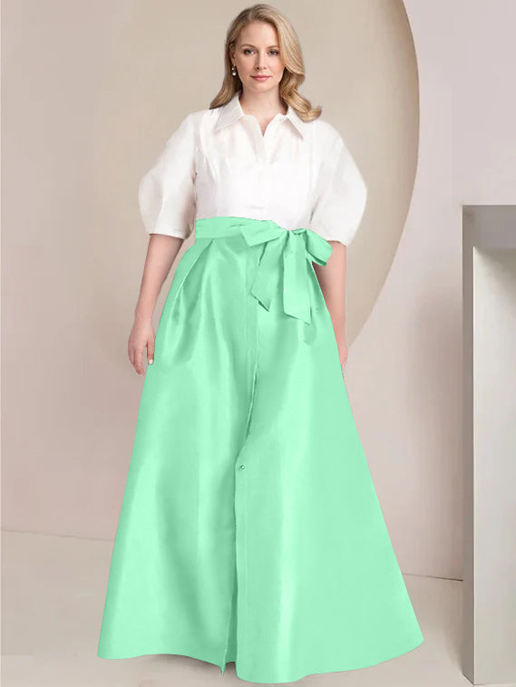 A-Line/Princess Shirt Collar Short Sleeves Floor-Length Plus Size Mother Of The Bride Dresses with Bowknot