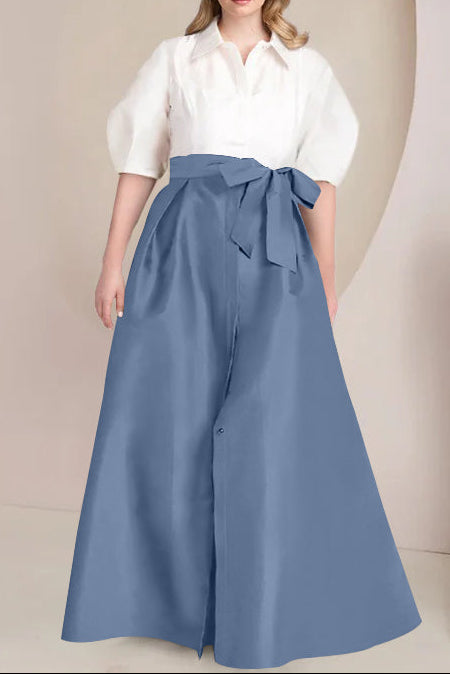 A-Line/Princess Shirt Collar Short Sleeves Floor-Length Plus Size Mother Of The Bride Dresses with Bowknot