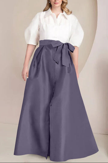 A-Line/Princess Shirt Collar Short Sleeves Floor-Length Plus Size Mother Of The Bride Dresses with Bowknot