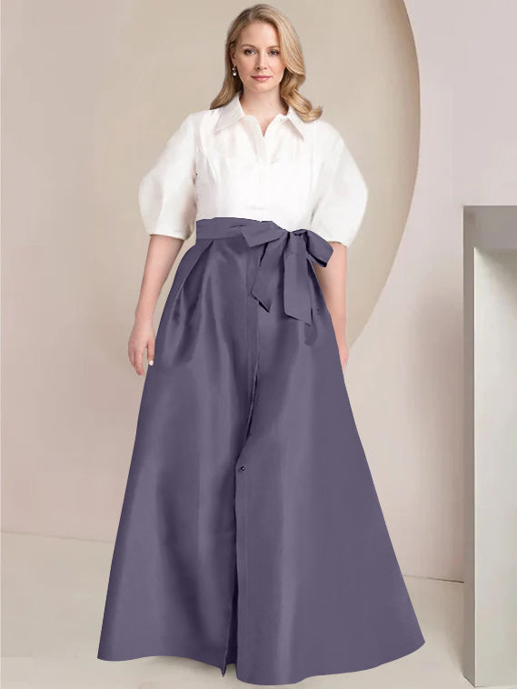 A-Line/Princess Shirt Collar Short Sleeves Floor-Length Plus Size Mother Of The Bride Dresses with Bowknot