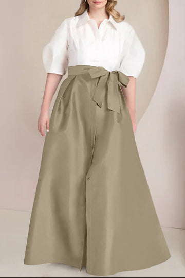 A-Line/Princess Shirt Collar Short Sleeves Floor-Length Plus Size Mother Of The Bride Dresses with Bowknot