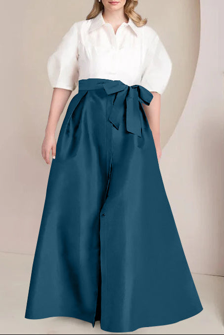 A-Line/Princess Shirt Collar Short Sleeves Floor-Length Plus Size Mother Of The Bride Dresses with Bowknot