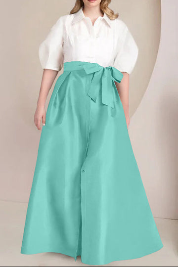 A-Line/Princess Shirt Collar Short Sleeves Floor-Length Plus Size Mother Of The Bride Dresses with Bowknot
