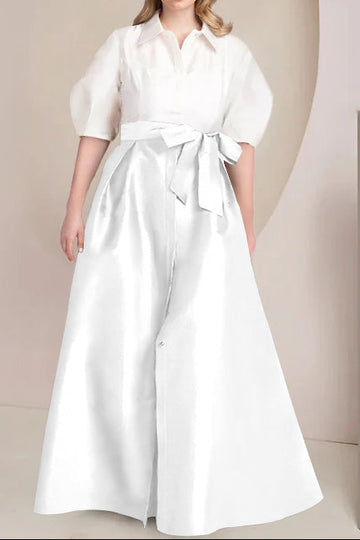 A-Line/Princess Shirt Collar Short Sleeves Floor-Length Plus Size Mother Of The Bride Dresses with Bowknot