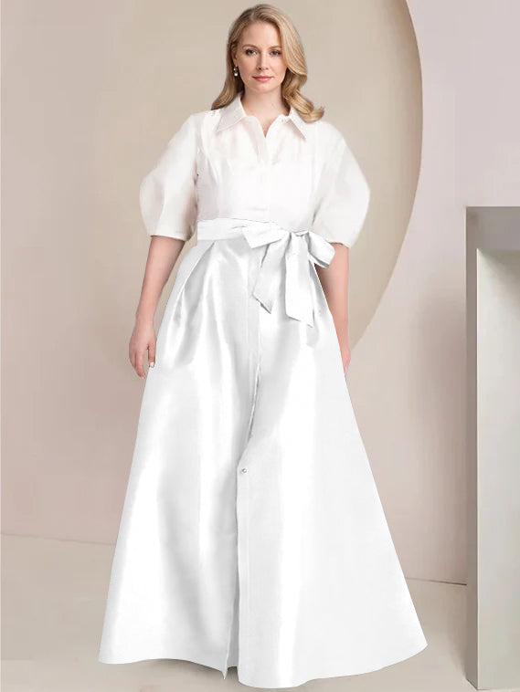 A-Line/Princess Shirt Collar Short Sleeves Floor-Length Plus Size Mother Of The Bride Dresses with Bowknot